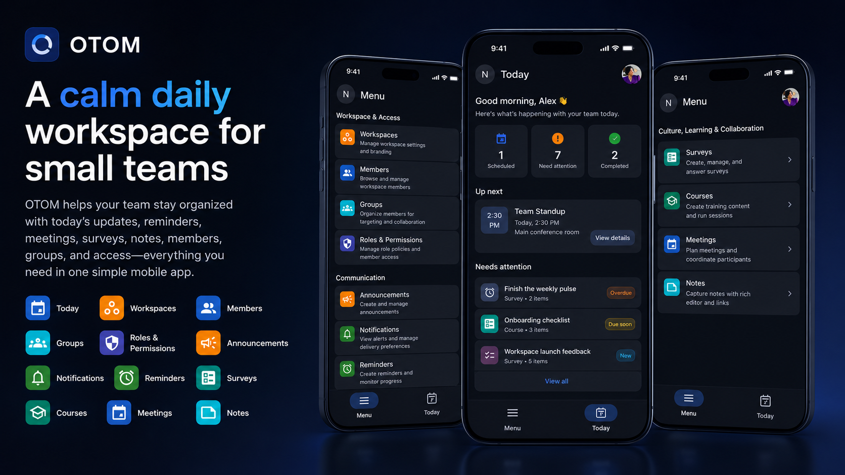 Otom employee hub app dashboard showing internal company communication, Today updates, and workspace navigation